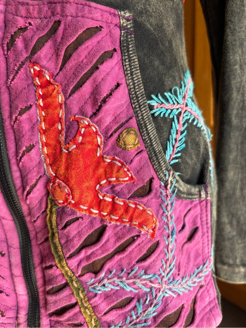 Boho Embroidered Hooded Jacket - Charcoal with Red & Purple - Picture 4 of 4
